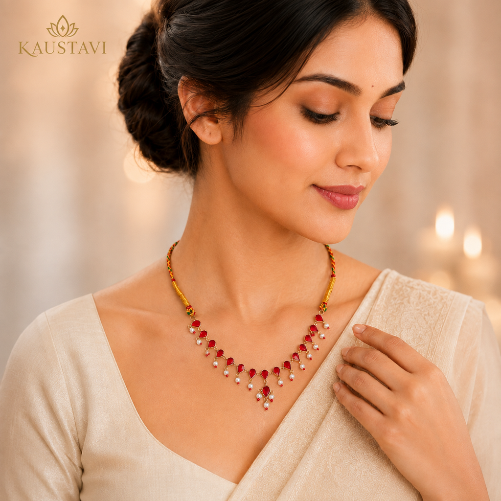 Manjari Ruby & Pearl Drop Necklace