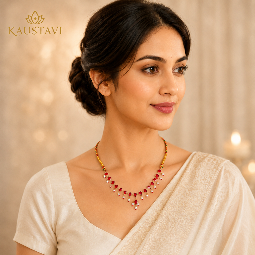 Manjari Ruby & Pearl Drop Necklace