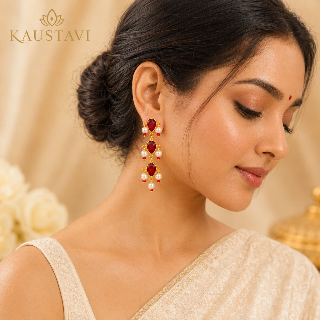 Trilok Ruby & Pearl Cascade Earrings