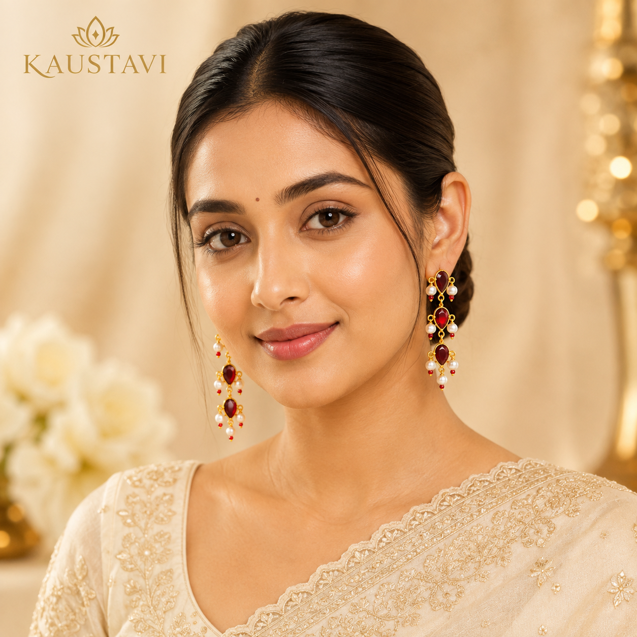 Trilok Ruby & Pearl Cascade Earrings