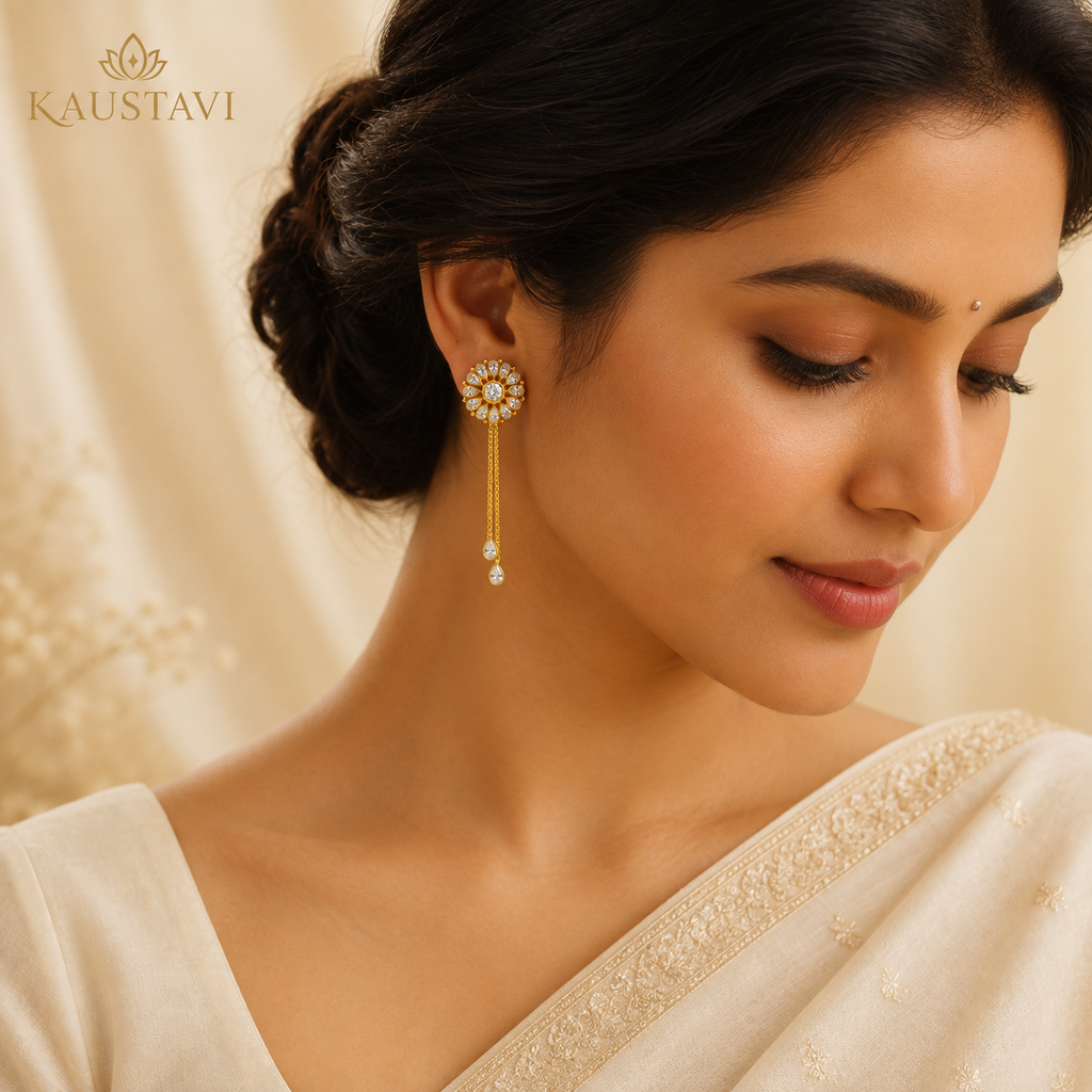 Kiran White Stone Chain Drop Earrings