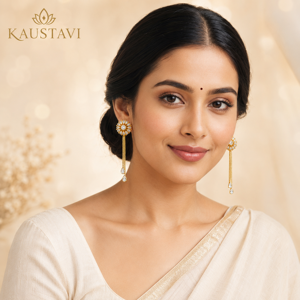 Kiran White Stone Chain Drop Earrings