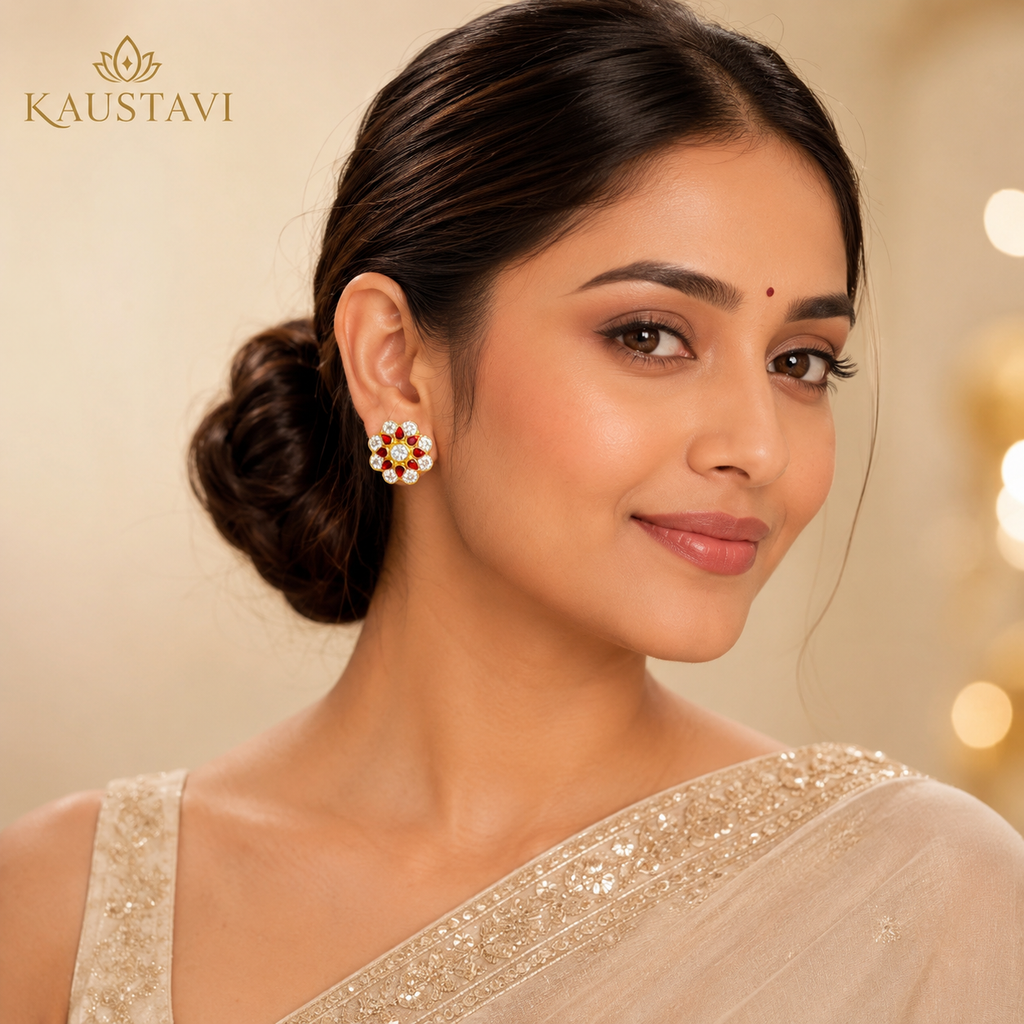 Ratnapushpa Ruby & White Stone Studs