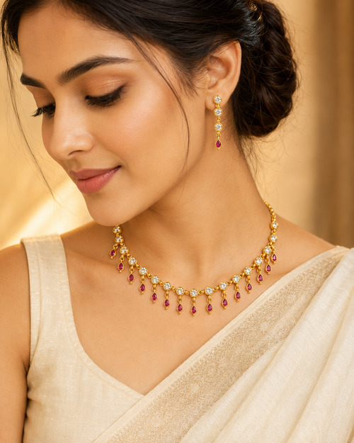 Bindira White Stone & Ruby Drop Necklace Set