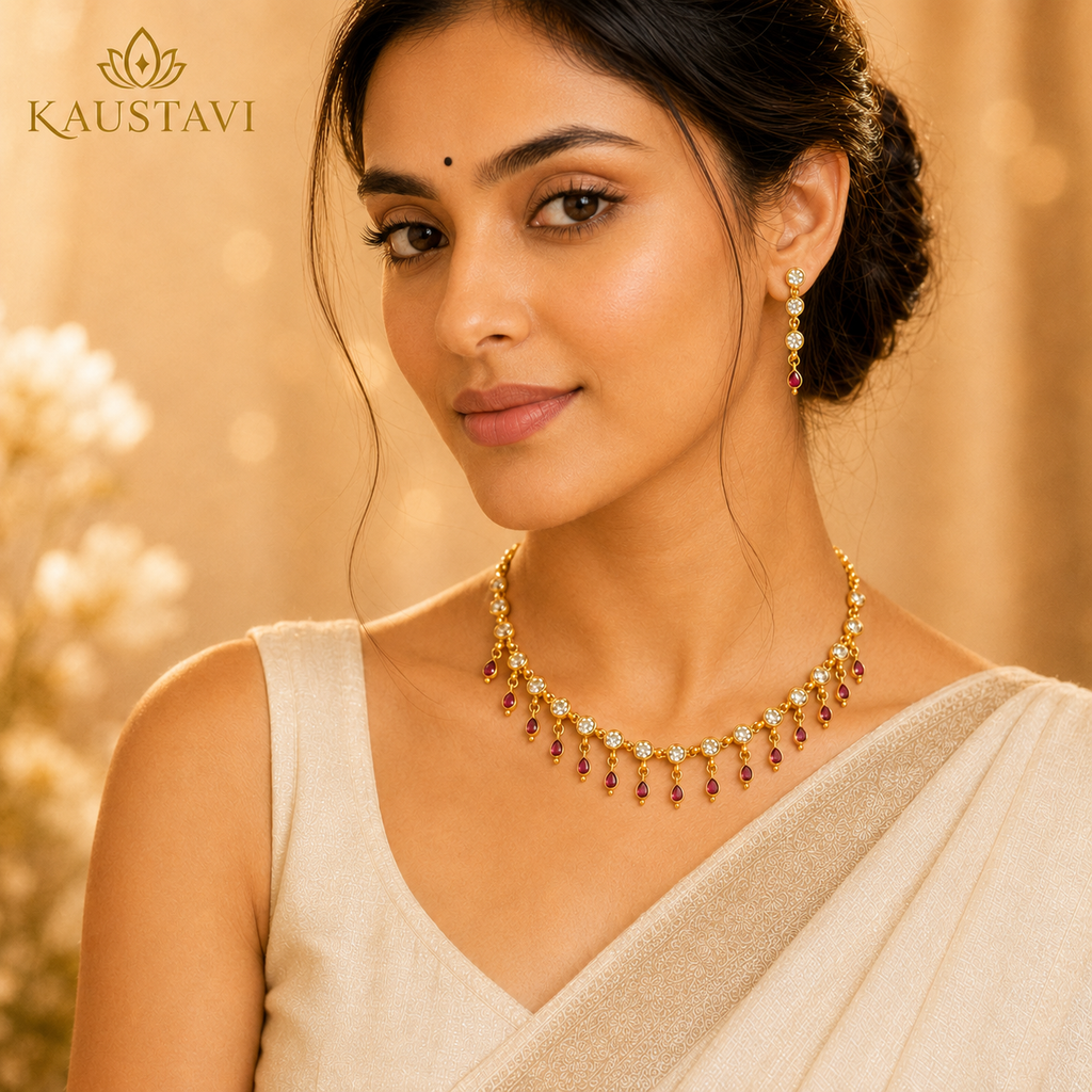 Bindira White Stone & Ruby Drop Necklace Set