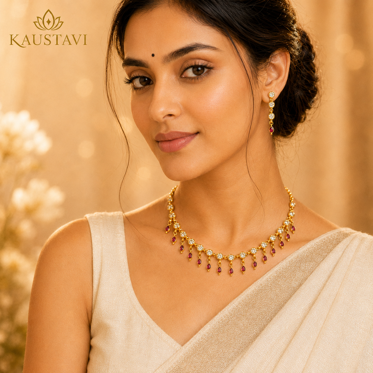 Bindira White Stone & Ruby Drop Necklace Set