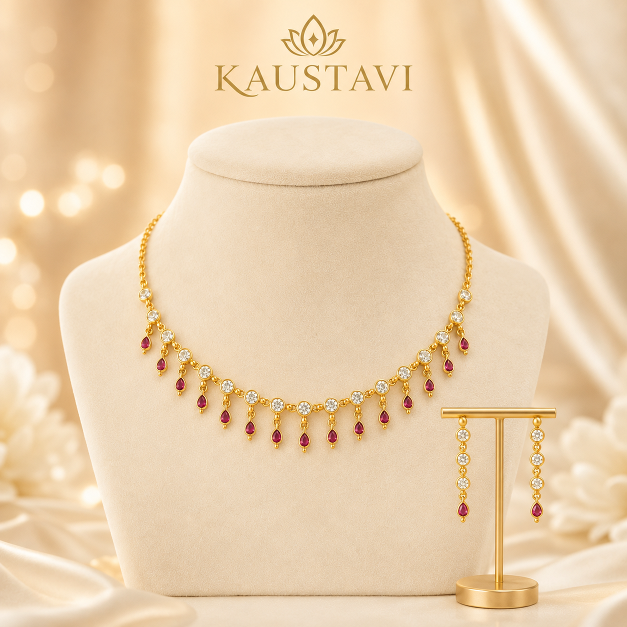 Bindira White Stone & Ruby Drop Necklace Set